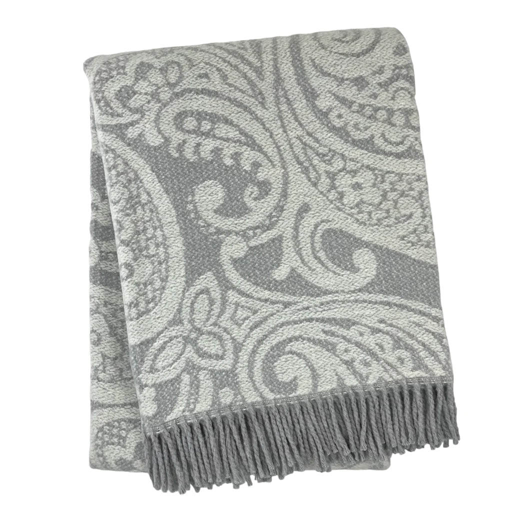 Paisley Pattern Plush Throw with Grey Fringe